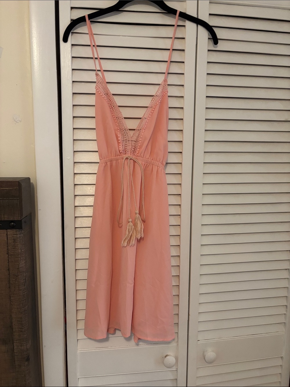 Charlotte Russe Blush Pink Spaghetti Strap Midi Dress with Tassel Tie